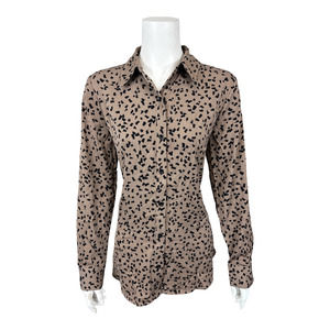 Susan Graver Printed Stretch Peachskin Peplum Big Shirt Top Mushroom Medium Size